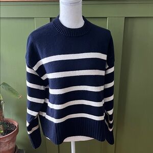 H&M Dark Blue and White Striped Oversized Sweater